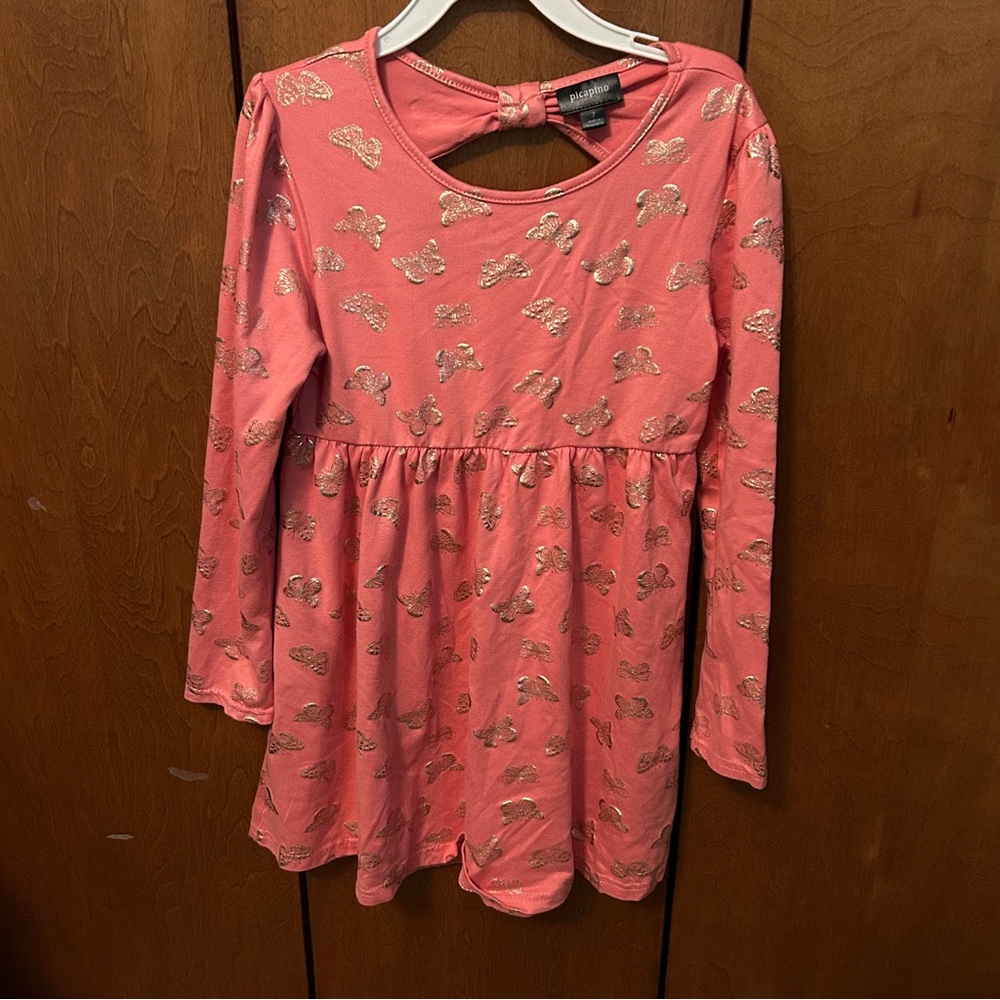 Girls' Pink Long Sleeve Dress with Bow Detail